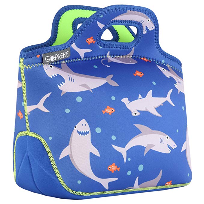 GOPRENE Insulated Lunch Bag For Boys [Fits A Bento Box for Kids] Soft Neoprene Lunch Bag | Blue Shark | Lunch Box & Thermos Fits Easily | For Any Kid, Baby, Toddler, or Boy Ages 3-10 Years