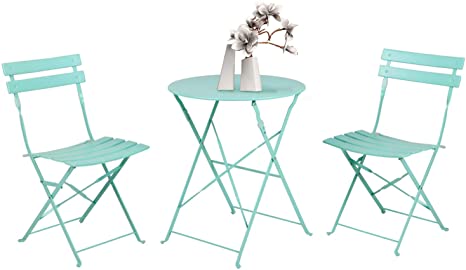 3-Piece Bistro Set Premium Metal Folding Table and Chairs Weather-Resistant Outdoor Conversation Set for Patio, Yard, Garden-Macaron Blue