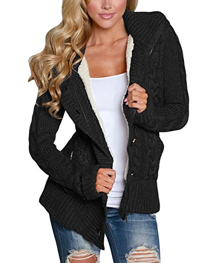 Astylish Women Button Down Long Sleeve Basic Soft Knit hooded Cardigan Sweater