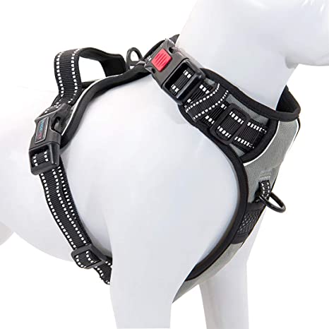 PHOEPET No Pull Dog Harness Reflective Adjustable Vest with a Training Handle, Name ID Pocket, 2 Metal Leash Hooks, 3 Snap Buckles [Easy to Put on & Take Off]