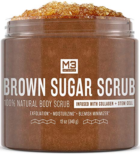 M3 Naturals Brown Sugar Scrub infused with Collagen and Stem Cell All Natural Body and Face Exfoliating Stretch Marks Spider Veins Acne Scars Anti Cellulite Exfoliator Wrinkles Skin Care