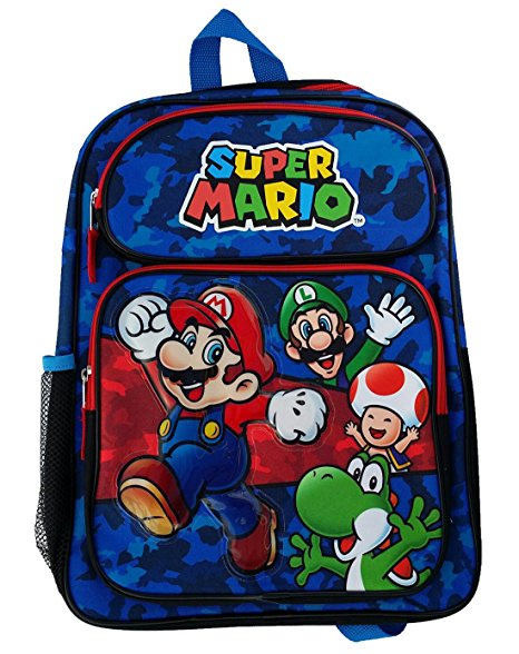 Nintendo Super Mario 16" Full Size Cargo Kids Backpack, Black/Blue