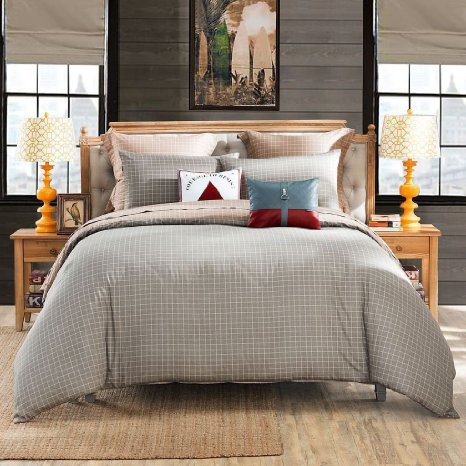 LOVO Michelle Reversible 100% Cotton 4-Piece Bedding Set Duvet Cover Flat Sheet 2x Shams Queen Coffee&Grey