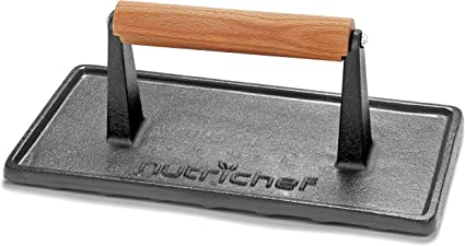 Nutrichef Cast Iron Grill Press - Heavy-Duty Griddle Press with Silicone Handle, Speeds Up Cooking Time on Steak, Burger Patty, Meats, Bacon, Quesadillas & More, Leave an Attractive Mark on Any Meat