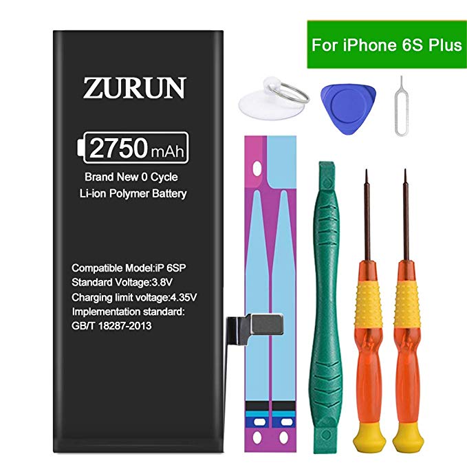 ZURUN 2750mAh High Capacity Li-ion Polymer Replacement IP 6S Plus Battery Compatible with iPhone 6S Plus A1634,A1687,A1699 with Repair Replacement Kit Tools Adhesive Strips 0 Cycle -2 Year Warranty.