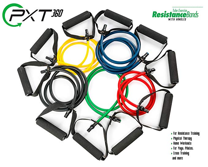 PXT360 Resistance Bands with Handles Complete Set of 5 Heavy Weights Exercise Tube Band from 5 to 50 pounds | Physical Therapy Recommended | Great for arms and Shoulders Workout and Strength