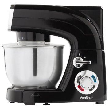 VonShef Stand Mixer, 6-QT, 1200W, Black - Silicone Beater, Balloon Whisk, Dough Hook, Dust Cover & Splash Guard