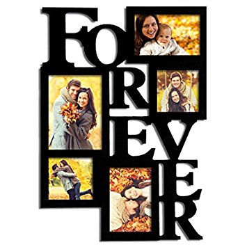 Adeco 5-Opening Decorative Wood "Forever" Collage Wall Hanging Picture Frame, One 5 by 7-Inch/ Two 4 by 6-Inch/ Two 4 by 4-Inch, Black