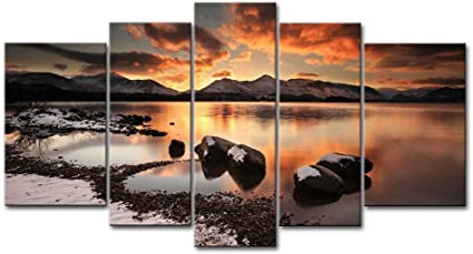 So Crazy Art- Rock and Lake Under Sunset Wall Art Decor Mountain and Red Burning Clouds Canvas Pictures Artwork 5 Panel Nature Landscape Painting Prints for Home Living Dining Room Kitchen