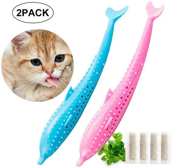 SEGMINISMART Cat Toothbrush Toy, Catnip Toys for Cats, Cat Toys with Catnip, Silicone Fish Toys Pet Molar Stick Cat Teeth Cleaning Brush, Interactive Chew Toy for Pet Cat Kitten (Pink and Blue) 2 PCS