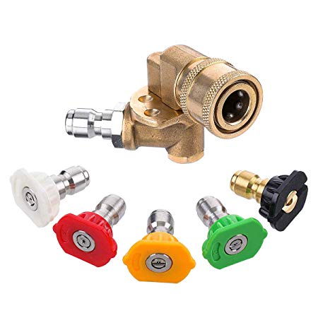 MATCC Pressure Washer Spray Nozzles Kit 180°Quick Connecting Pivoting Coupler with 5 Rotation Angles，5 Pressure Washer Spray Tips, 1/4 inch, 4500 PSI