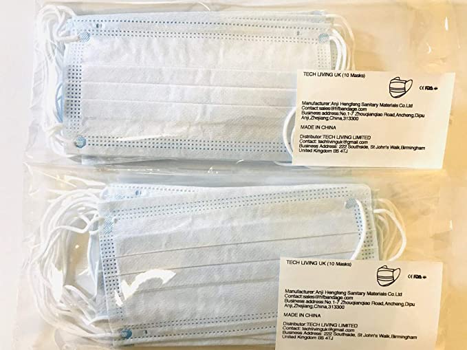 TECH LIVING 3 Ply Surgical Medical Mask with Sealed Bag;UK Company UK Stock; MUST SEE Pic 2&3; TECH LIVING UK is the ONLY seller of our masks; Other sellers of our brand are NOT authorised (10PCS)