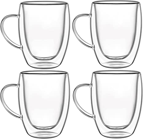 4 Pack Insulated Coffee Mugs Double Wall Glass Coffee Cups with Handle Espresso Latte Cappuccino or Tea Cup,Coffee Mugs Set ,Everyday Coffee Glasses Cups Perfect for Coffee (350ml/12oz)