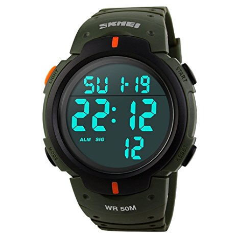 TONSHEN Men's Sports Watch LED Electronic Digital Multifunction 24H 164FT 50M Water Resistant Casual Military,Green