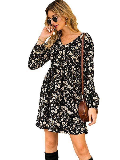 Milumia Women's Long Sleeve Vintage Floral Print Boho Split Wrap Slim Dress