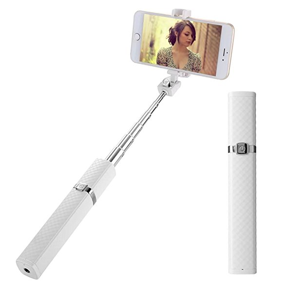 Bluetooth Selfie Stick,RICISUNG One-piece Folding Self-portrait Ultra Compact Extendable Monopod Holder with Built-in Bluetooth Wireless Shutter for 7/6s Plus/5/5c/5s and Other Android Machines,White