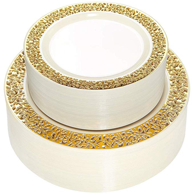 WDF 102 pieces Gold Plastic Plates- Ivory with Lace Rim Disposable Party Plates,Premium Heavy Duty 51-10.25" Dinner Plates and 51-7.5" Salad Plates