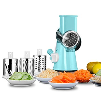 Mandoline Slicer TAPCET Tri-Blade Spiralizer Vegetable Slicer,Manual Hand Speedy Safe Vegetables Chopper with 3 Interchangeable Round Stainless Steel Rotary Blades and Suction Cup Feet (Blue)