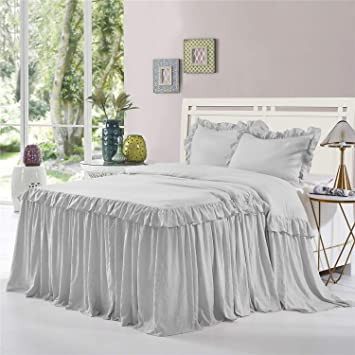 HIG 3 Piece Ruffle Skirt Bedspread Set Queen - Light Gray Color 30 inches Drop Ruffled Style Bed Skirt Coverlets Bedspreads Dust Ruffles - Alina Bedding Collections - 1 Bedspread, 2 Standard Shams