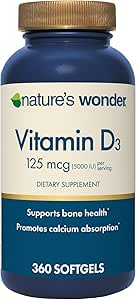 Nature's Wonder Vitamin D3 Supplement - High Potency Vitamin D3 5000 IU for Supporting Bone Health, Immune System, and Promotes Calcium Absorption, 125 mcg, 360 Softgels