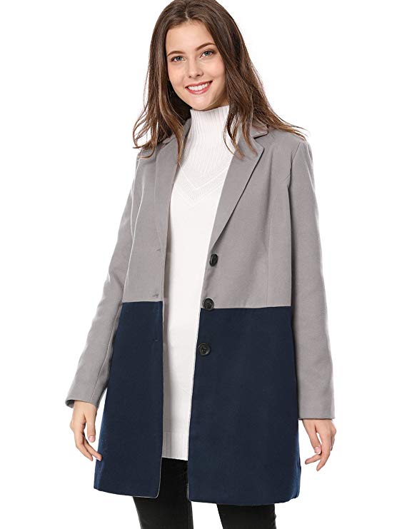 Allegra K Women's Notched Lapel Single Breasted Color Block Coat Jacket
