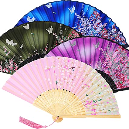 Zonon 4 Pieces Silk Handheld Floral Folding Fans Hand Held Fans Floral Folded Fan with Tassel Women's Hollowed Bamboo Hand Holding Fans for Wedding Gift, Party Favors, Daily Use