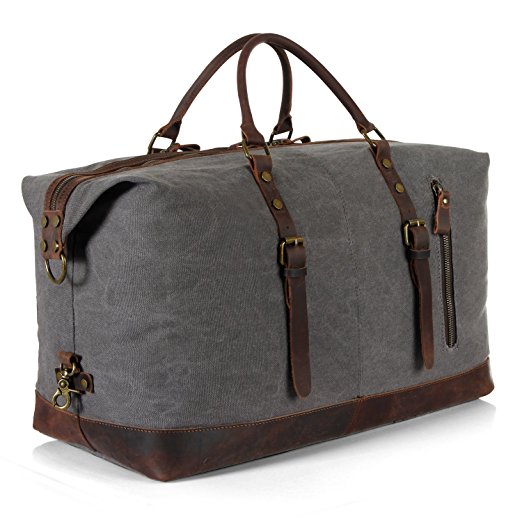Langforh 21" Larger Canvas Leather Weekender Overnight Bag Travel Duffel Tote