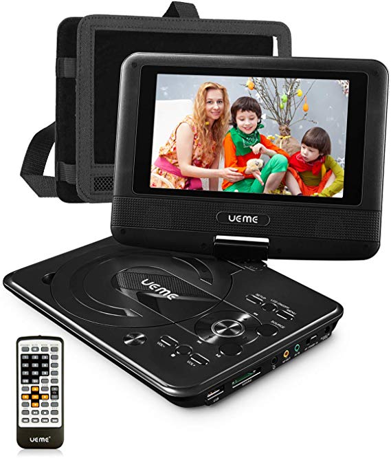 UEME Mini DVD Player for Kids with 7 inches Swivel Screen and Internal Rechargeable Battery, Support DVD CD SD USB Card, with Car Headrest Mount Holder, Region Free