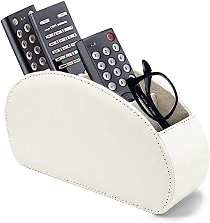 Fosinz Remote Control Holder Organizer with Metal Bottom Stable Table Desk Leather Control Storage TV Remote Control Organizer with 5 Spacious Compartments (White with Metal Bottom)