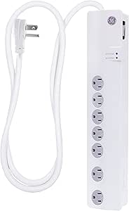 GE home electrical GE Pro 7-Outlet Surge Protector, 3ft. Power Cord, Twist-to-Lock Safety Covers, White, 34768