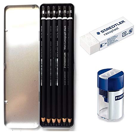 Staedtler Mars Lumograph Black Artist Wooden Lead Pencil - Box of 6 (8B 6B 4B 4B 2B 2B) in Metal Box- With Tub 2-Hole Sharpener and Free Eraser