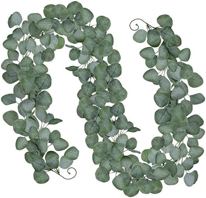 Supla 6.2' Long 5.9" Wide Faux Silver Dollar Eucalyptus Leaves Garland Artificial Eucalyptus Greenery Twig Garland Fake Hanging Eucalyptus Leaf Garland 162 Pcs Leaves for Table Runner in Grey Green