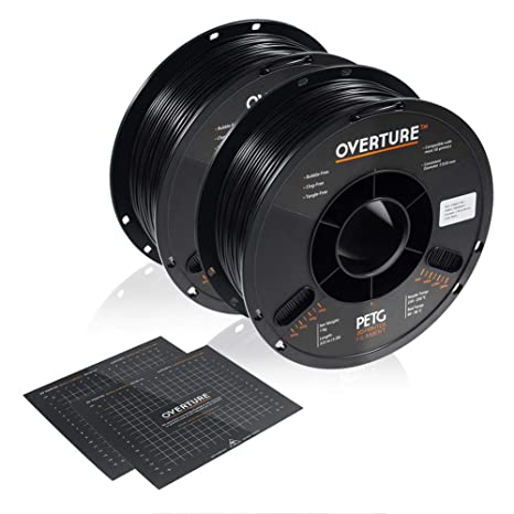 OVERTURE PETG Filament 1.75mm with 3D Build Surface 200 x 200 mm 3D Printer Consumables, 1kg Spool (2.2lbs), Dimensional Accuracy  /- 0.05 mm, Fit Most FDM Printer (Black (2-Pack))