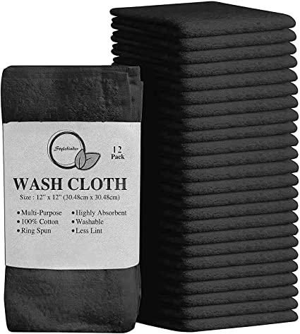 12 Pack Cotton Washcloths Set 100% Egyptian Cotton Face Cloths Towels Flannels(30 x 30 cm) Quick Dry And Absorbent Makeup remover (Charcoal)