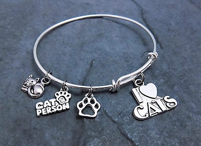 I Love Cats Expandable Bangle Charm Bracelet with Paw Print and Cat Pendants