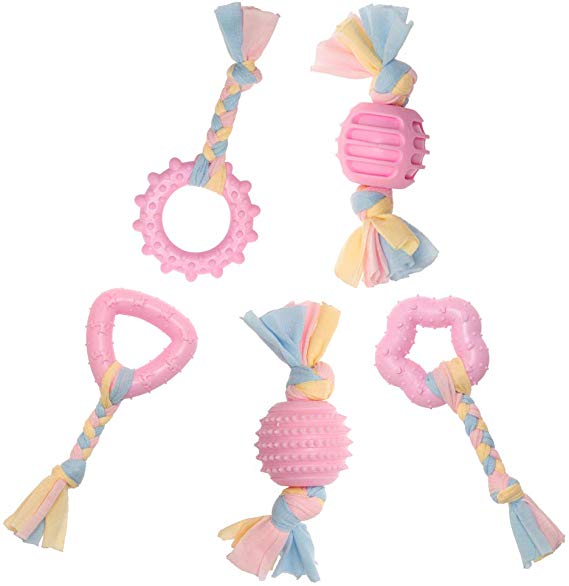 PUPTECK Puppy Rope Chew Toys, Dog Durable Teething Toy with Pink and Blue Rope for Small Dogs and Pet, Star & Ball & Stick