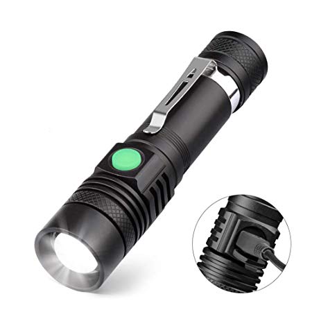 Coquimbo LED Torch USB Rechargeable, Super Bright 600 Lumen Zoomable Pocket Torch Flashlight, Adjustable Focus Waterproof Powerful Torch for Camping, Hiking, Walking, Fishing (18650 Battery Included)