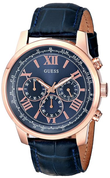 GUESS Men's U0380G5 Iconic Rose Gold-Tone Stainless Steel Watch With Blue Leather Band