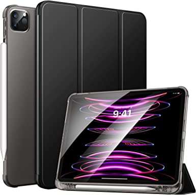 MoKo Case Fit New iPad Pro 12.9 6th Generation 2022/5th Gen 2021 - Smart Trifold Shell Cover with Pencil Holder, Soft TPU Translucent Back Case for iPad Pro 12.9-inch, Auto Wake/Sleep, Black