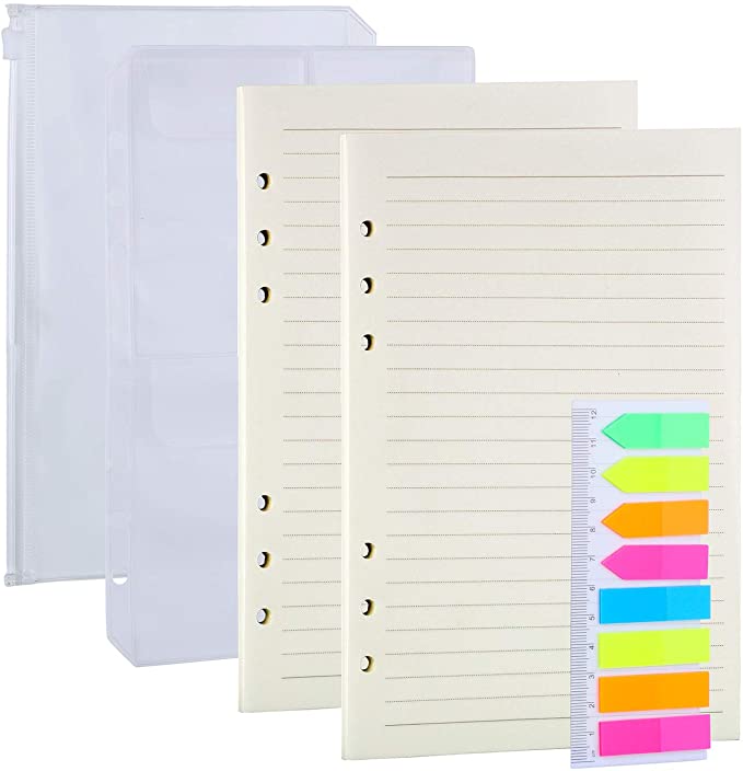 Antner 2 Pack A5 Refill Paper and 2Pcs A5 Binder Pockets, 160Pcs Neon Index Tabs, 6-Holes Refillable Notebook Inserts Lined Paper for A5 6-Ring Binder Notebook Planner