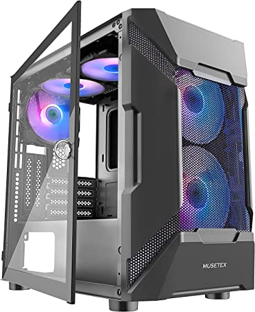 MUSETEX MESH Micro ATX Case 5 PCS ARGB Fans Pre-Installed,2 × USB 3.0 Ports,Opening Tempered Glass Panel Airflow Gaming PC Case Tower (MK7-GN5)