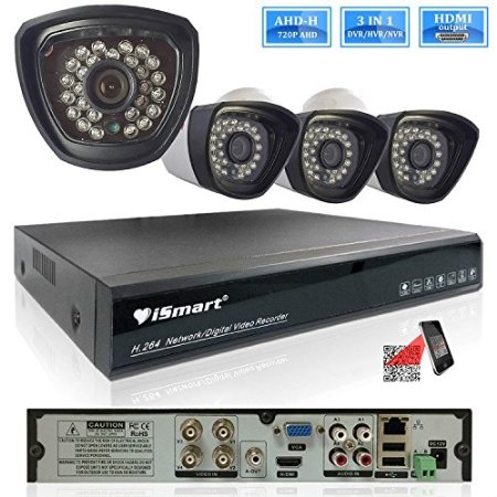 iSmart 4 Channel 720P HDMI AHD DVR HVR NVR 3 in 1 Security System including 4 1200TVL 1.0MP Waterproof Bullet Surveillance Camera with 27 IR Leds Night Vision Up to 80ft Smart Phone Remote View