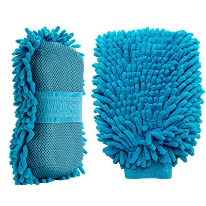 Car Wash Cleaning Mitt and Sponge Cleaner. Coolfire 2 pack Premium Chenille Microfiber Washing Mitt and Sponge For Vehicle Car Windowshield Glass and More - Lint Free - Scratch Free