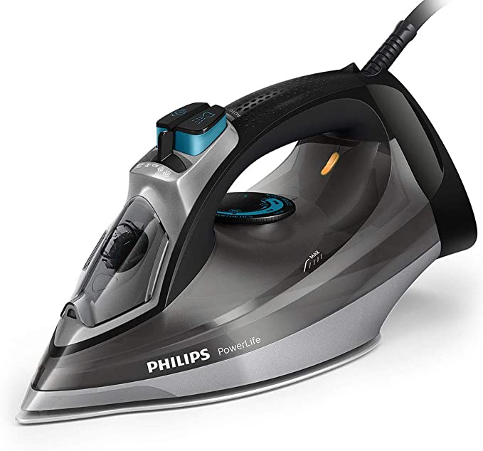 Philips PowerLife Steam Iron with 200 g Steam Boost, 2600 W, SteamGlide Soleplate, Auto Shut-off - GC2999/86, Black and Gray