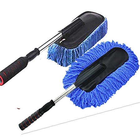The Wolf Moon Car Microfiber Retractable Dust Wax Brush Duster Mop Trailers Drag Telescopic Cleaning Dirt Stainless Handle Cleaner (blue)