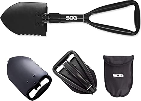 SOG Entrenching Tool- 18.25 Inch Folding Survival Shovel with Wood Saw Edge and Tactical Shovel Carry Case- Black (F08-N)