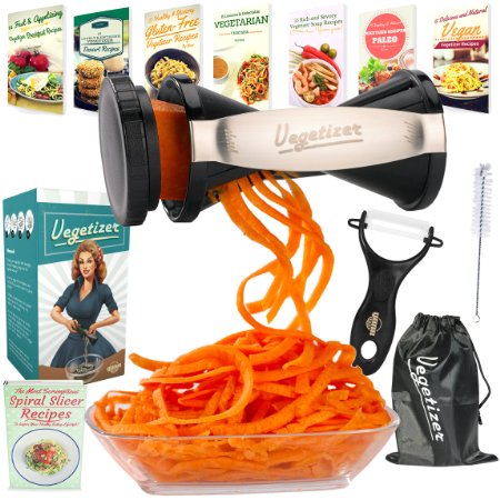 Vegetizer - Vegetable Spiralizer Cutter Complete Bundle: Spiral Slicer, Peeler, 8 Spiralized Recipe eBooks, Cleaning Brush and Pouch Bag Included. Healthy Veggie Noodle and Zucchini Spaghetti Pasta Maker