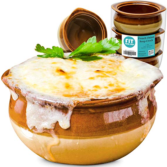 [6 Pack] 10 Oz French Onion Soup Crock - Brown and Ivory Premium Ceramic Porcelain Bowls, Microwave Oven Safe, For Soup, Stews, Chilis, Baked Beans, Mac and Cheese