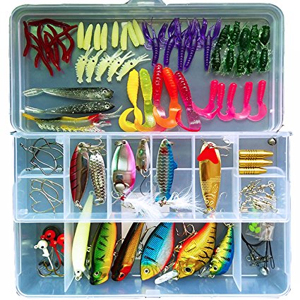 101-Pcs Fishing Lures Kit Set For Bass,Trout,Salmon,Including Spoon Lures ,Soft Plastic worms, CrankBait,Jigs,Topwater Lures (with Free Tackle Box) -by Saimanqiu