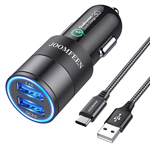 USB Type C Car Charger, JOOMFEEN Qualcomm Quick Charger 3.0 2.4A 30W Rapid Dual Port USB Car Charger Adapter with 3FT/1M USB C Cable for Samsung Galaxy Note 9/S9/S9 Plus,Note 8/S8/S8 Plus,LG G5,G6,V20